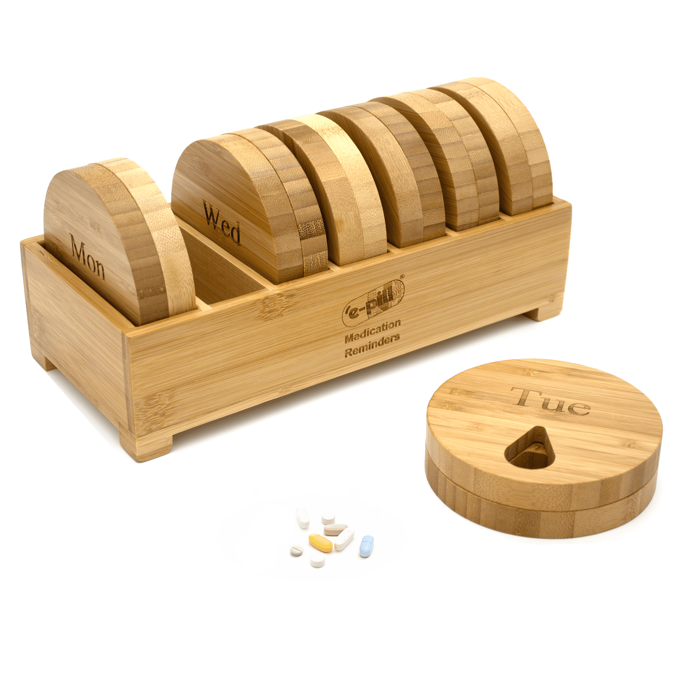 e-pill Bamboo Weekly Pill Organizer, 7 Day Pill Box for Tablets, Vitamins or Supplements