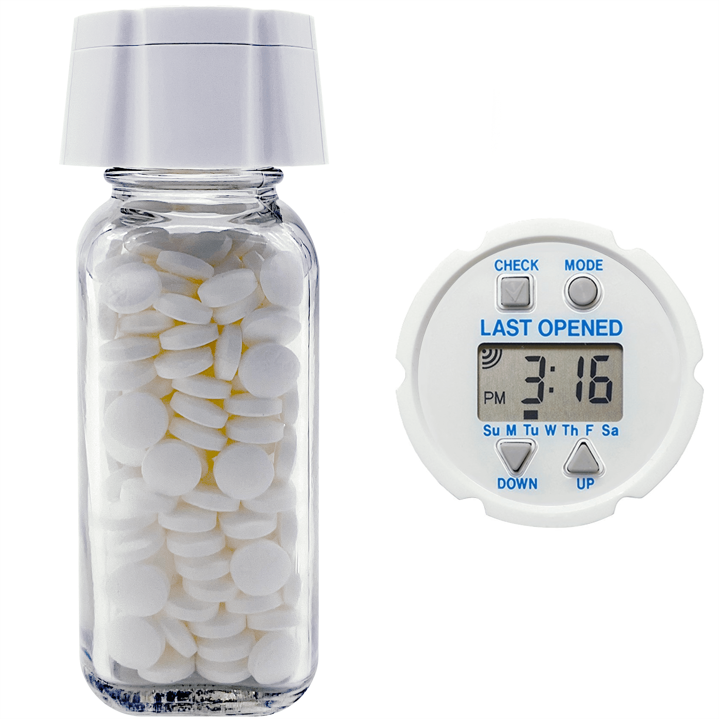 e-pill TimeCap & Glass Pill Bottle | Last Opened Time Stamp with Reminder