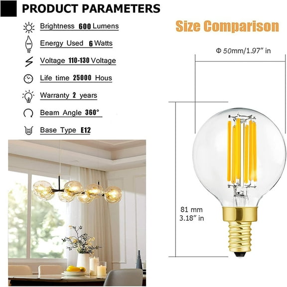 e12 led Bulb dimmable g16.5 Light Bulb 6W Equal 60 Watt 600lm AC120V e12 Candelabra 60 Watt for Chandeliers,Ceiling Fan,Vanity Soft White 3000K Globe e12 Bulbs 6Pack
