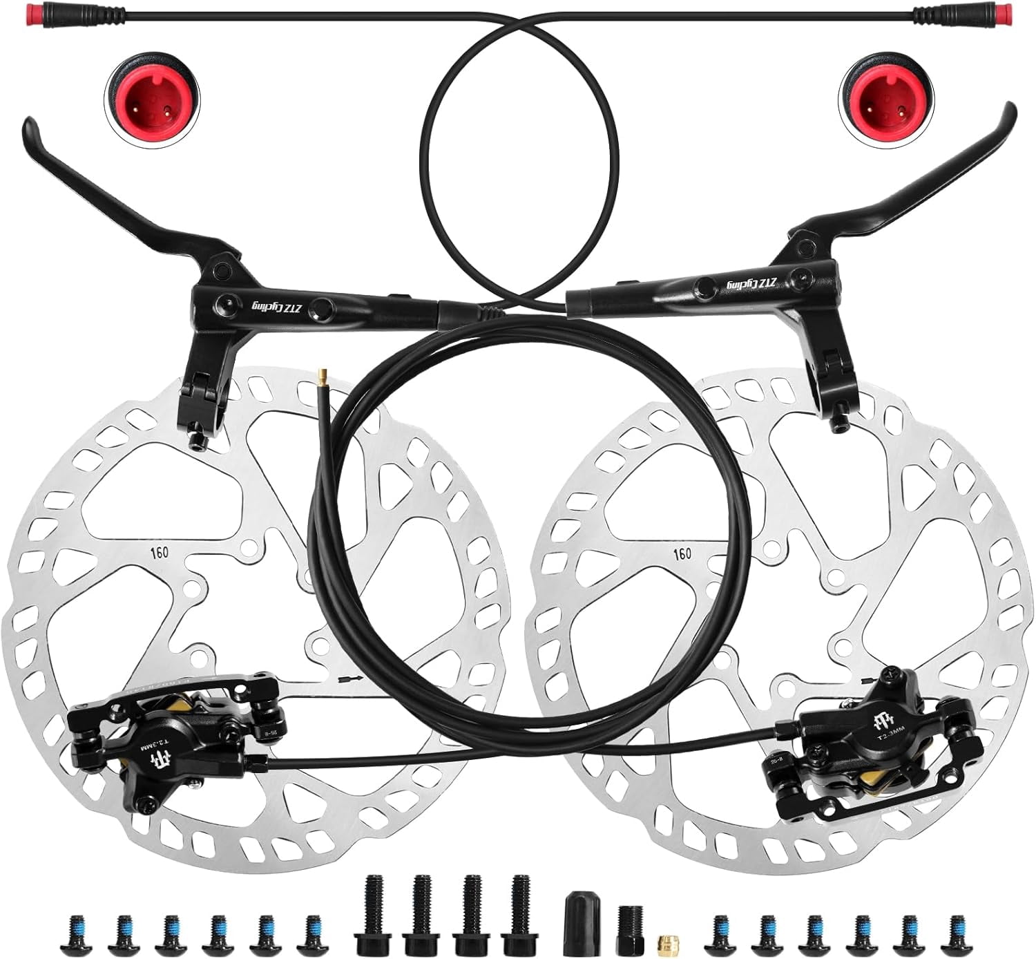 eBike Hydraulic Brake Set with 160mm Rotors,2-Piston 2-PIN Power-Off Hydraulic Disc Brake for E-Bike,Left Front 950mm Right Rear 1880mm Electric Bike Hydraulic Brakes