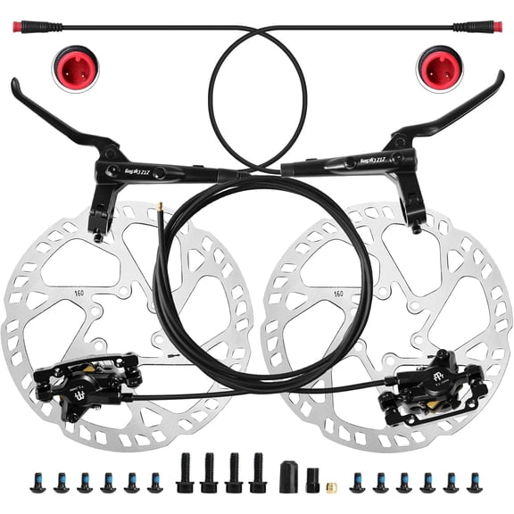 eBike Hydraulic Brake Set with 160mm Rotors,2-Piston 2-PIN Power-Off Hydraulic Disc Brake for E-Bike,Left Front 950mm Right Rear 1880mm Electric Bike Hydraulic Brakes