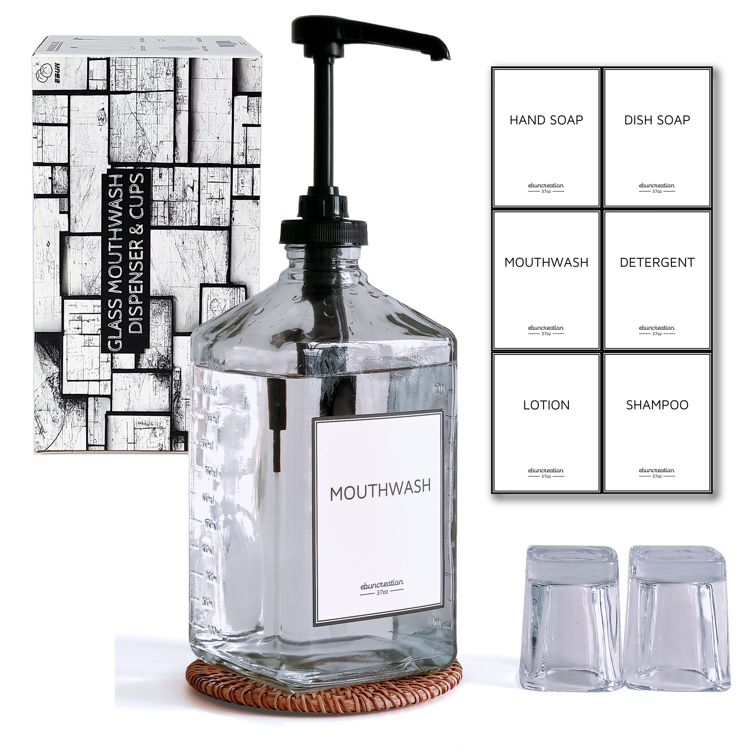 eBun Home Bathroom Mouthwash Dispenser with Cups (37 fl oz)
