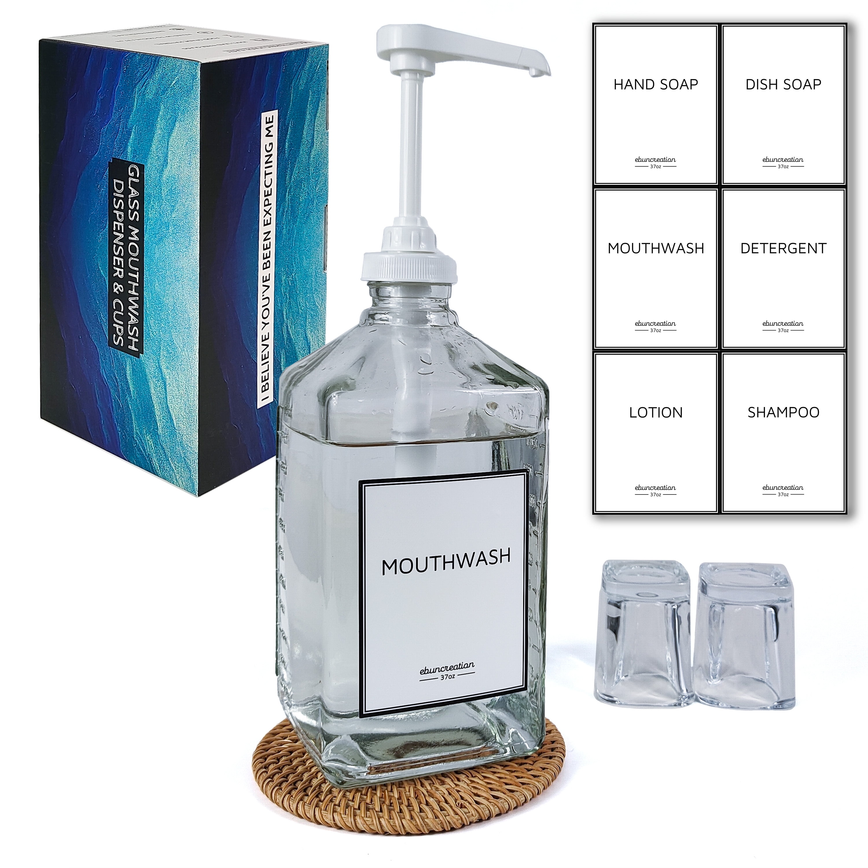 eBun 37 fl oz Mouthwash Dispenser for Bathroom, Glass, White