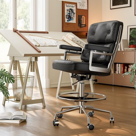 eChamp Drafting Chair Adjustable Tall Shop Stool, Genuine Leather Rolling Chair with Backrest and Footrest for Workshop, Classroom, Lab,Office,Black