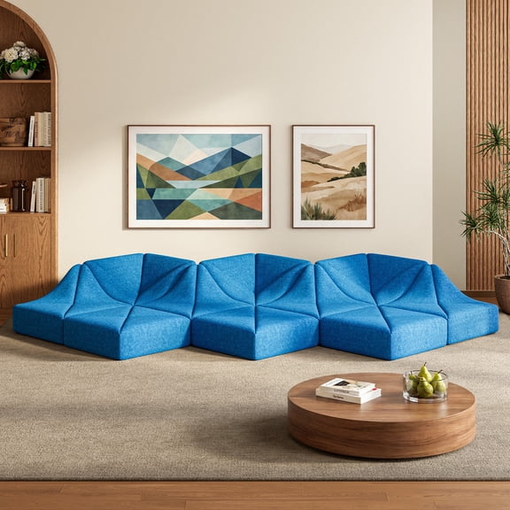 Cottinch Sculptural Modular Sectional Sofa, Triangle Tufted Low Profile Floor Couch for Living Room, Blue