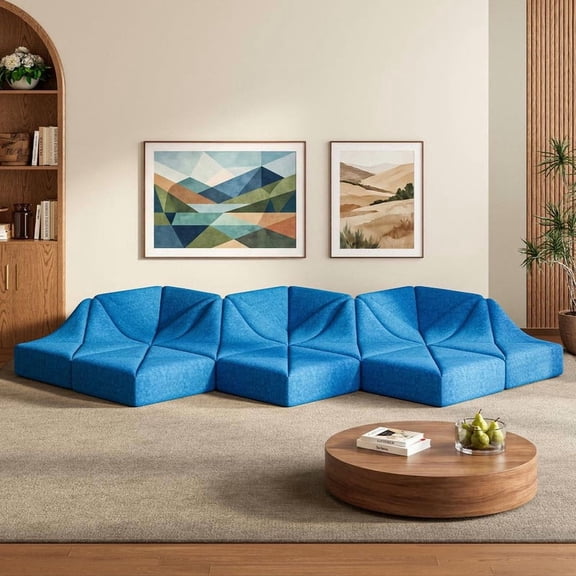 Cottinch Sculptural Modular Sectional Sofa, Triangle Tufted Low Profile Floor Couch for Living Room, 10 Pieces L Shaped Sofa Set, Blue