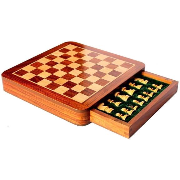 eDivine Wooden Magnetic Classic Square with Drawer Chess Board 25.3cm x 25.3cm/Premium Quatily Sheesham/White Wood Chess/Wooden Playing Chess/Travel Games Magnetic Chess Sets