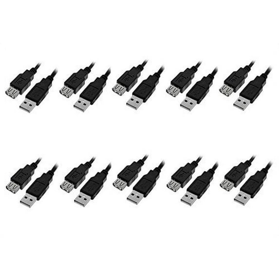 eDragon USB 2.0 Extension Cable, Black, A Male to A Female, 1 foot, Pack of 10