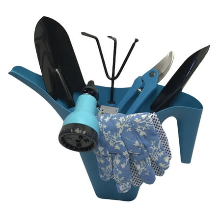 eHOME Garden Collection Spring Garden Starter Set of 8, Watering Can, Trowel, Cultivator, Transplanter, Shears, Garden Gloves, Spray Hose Nozzle, Aqua Blue