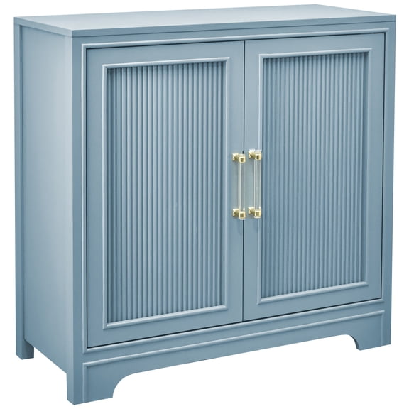 eHemco 2-Door Storage Cabinet, Azure Grey, Ribbed Style, Modern Retro Design, 32 x 14 x 33 Inches
