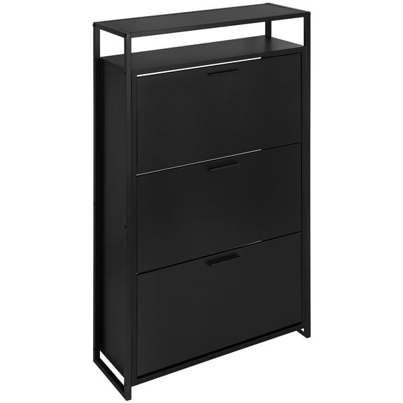 eHemco 3-Door Shoe Cabinet with Shelf, Modern Storage Organizer, Black Metal Frame, 25 x 9.25 x 46.5 Inches, 3 Flip Drawers
