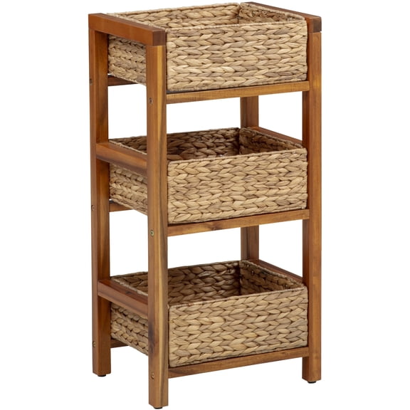 eHemco 3 Tier Hardwood Frame Grocery Storage Organizer Rack with 3 Woven Water Hyacinth Basket, Light Oak