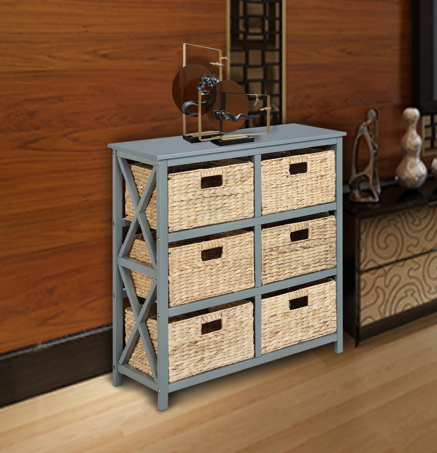 Gray 3 Tier Storage Cabinet with Natural Wicker Baskets