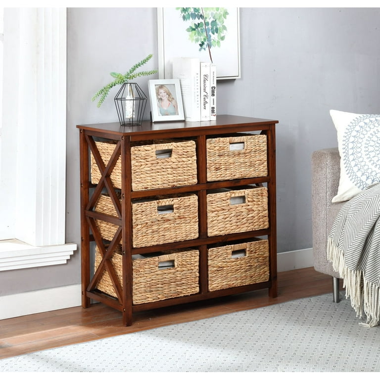 Ehemco 3 Tier X Side End Storage Cabinet With 6 Water Hyacinth Natural Wicker Baskets Walnut Com