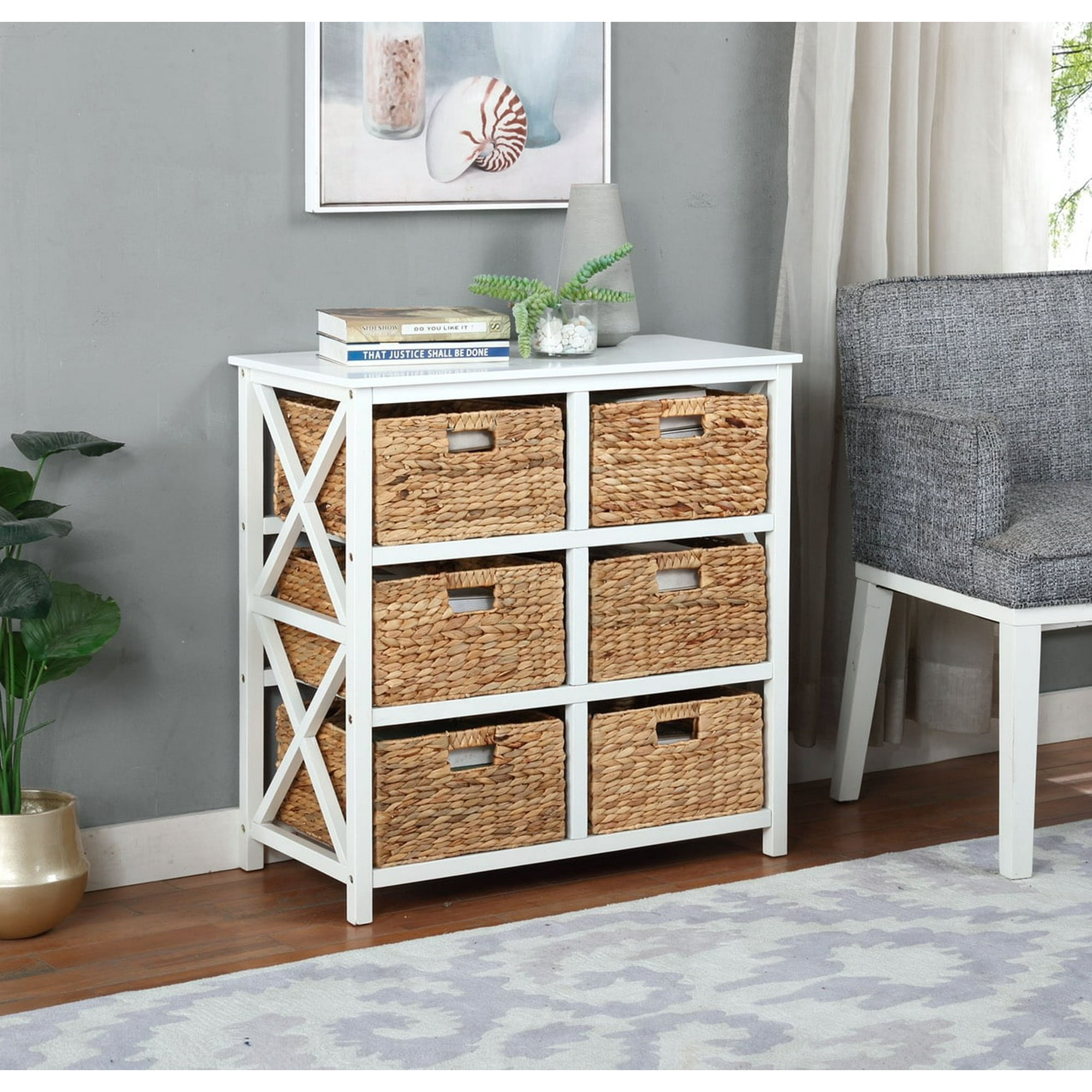 eHemco 3 Tier X-Side End Storage Cabinet with 6 Water Hyacinth Natural Wicker Baskets, White
