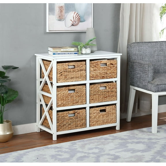 eHemco 3 Tier X-Side End Storage Cabinet with 6 Water Hyacinth Natural Wicker Baskets, White