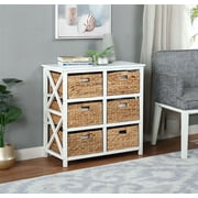 eHemco 3 Tier X-Side End Storage Cabinet with 6 Water Hyacinth Natural Wicker Baskets, White