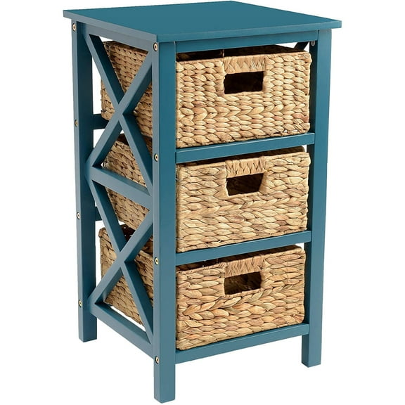 eHemco 3 Tier X-Side End Table Side Table Storage Cabinet with 3 Natural Water Hyacinth Wicker Baskets for Living Room, Teal