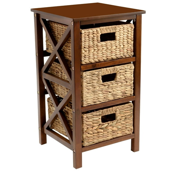 eHemco 3 Tier X-Side End Table Side Table Storage Cabinet with 3 Natural Water Hyacinth Wicker Baskets for Living Room, Walnut