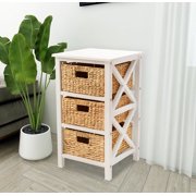 eHemco 3 Tier X-Side End Table Side Table Storage Cabinet with 3 Natural Water Hyacinth Wicker Baskets for Living Room, White