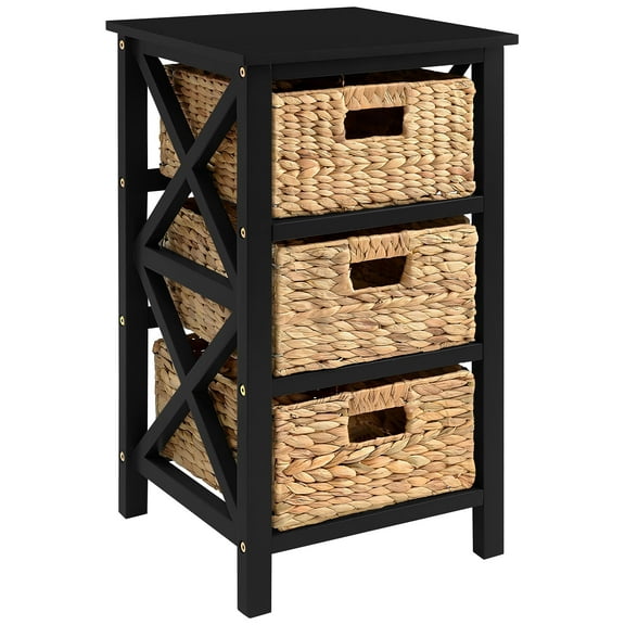 eHemco 3 Tier X-Side End Table Side Table Storage Cabinet with 3 Natural Water Hyacinth Wicker Baskets for Living Room, Black