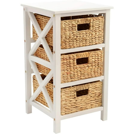 eHemco 3 Tier x-Side End Table Side Table Storage Cabinet with 3 Natural Water Hyacinth Wicker Baskets, White