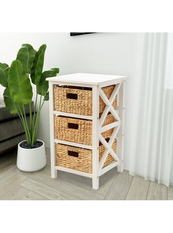 eHemco 3 Tier x-Side End Table Side Table Storage Cabinet with 3 Natural Water Hyacinth Wicker Baskets, White