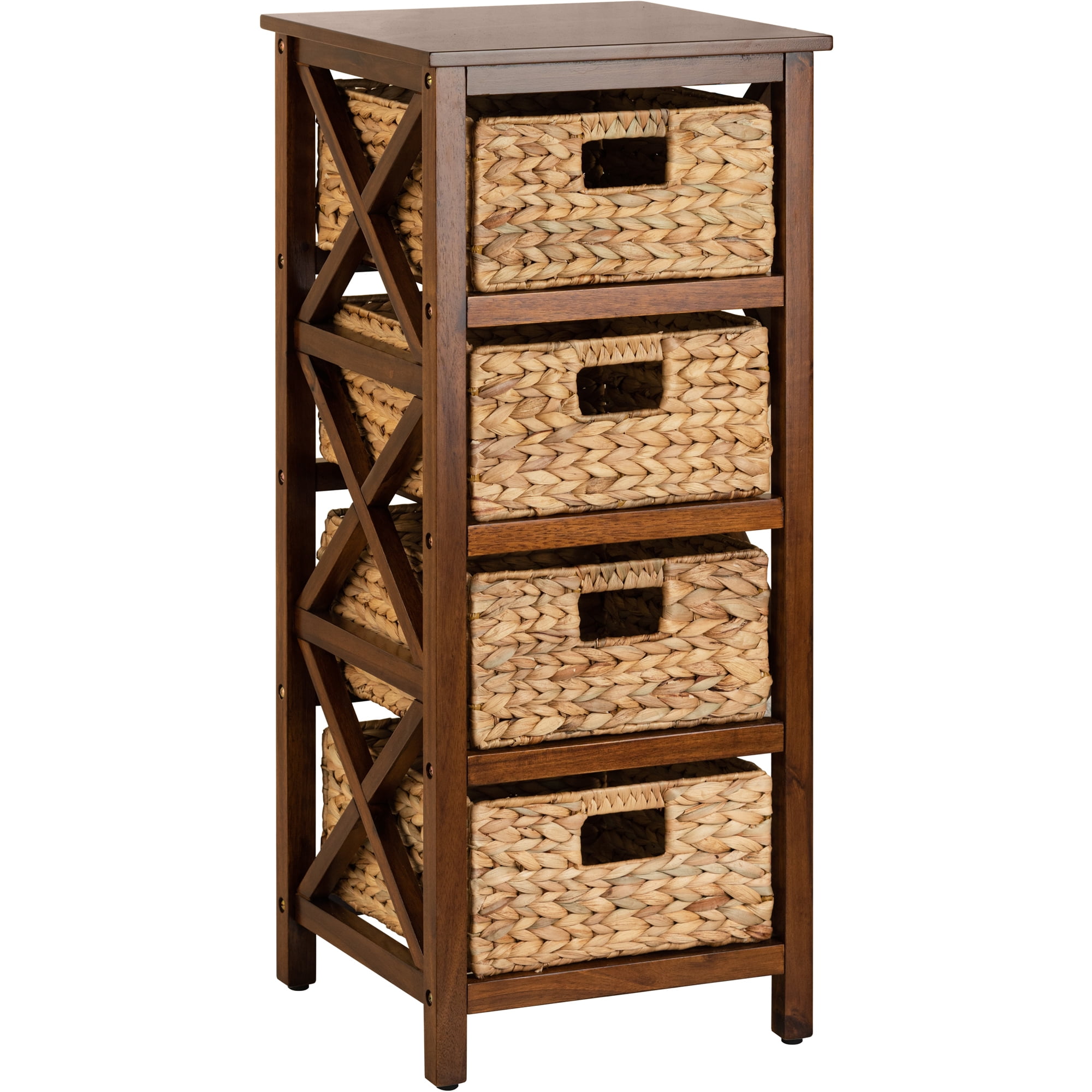 Walnut Wood Freestanding Storage Cabinet with Wicker Baskets