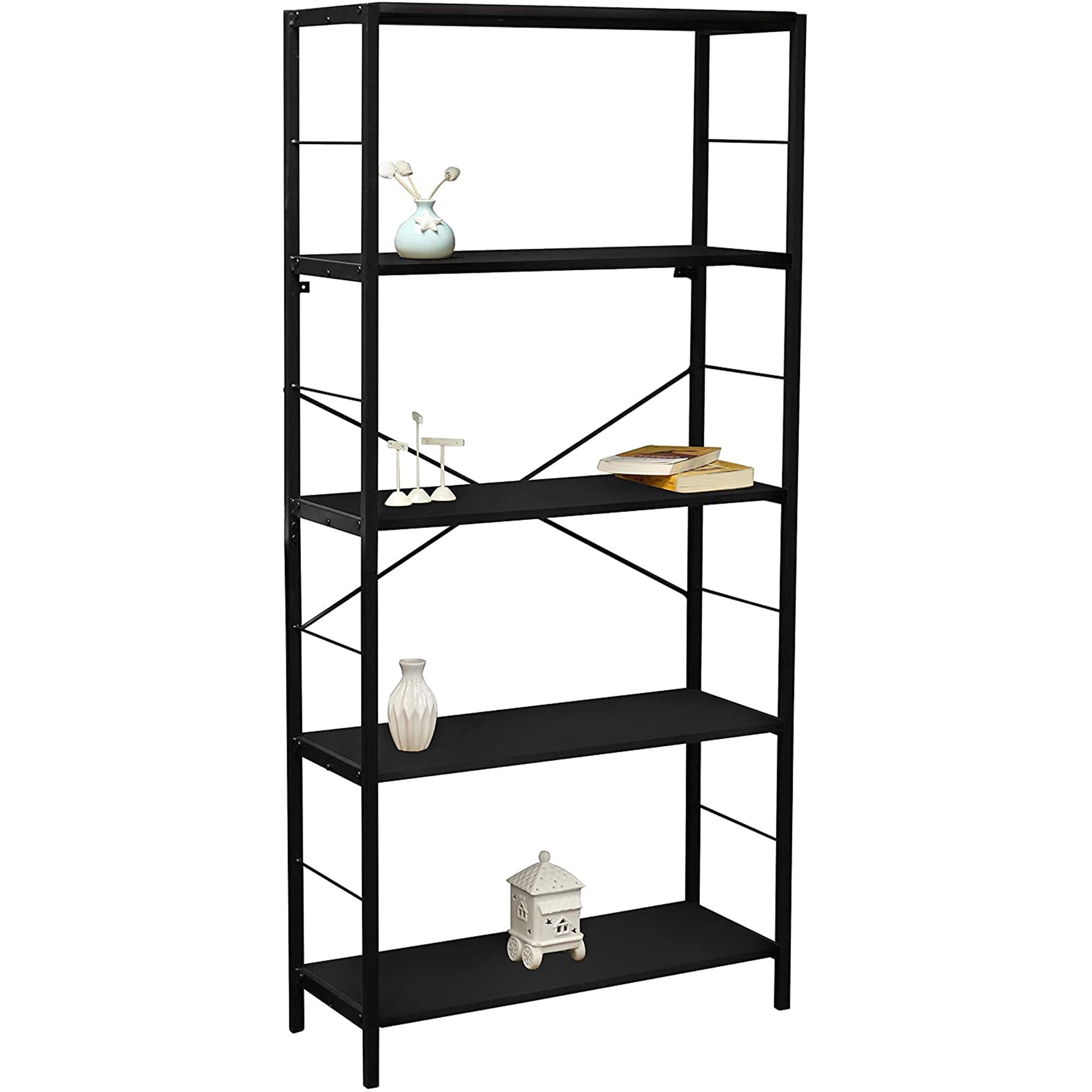 eHemco 5 Tier Bookshelf, Modern Rustic Bookcase Shelf, Book Rack, Free Standing Shelf, Storage