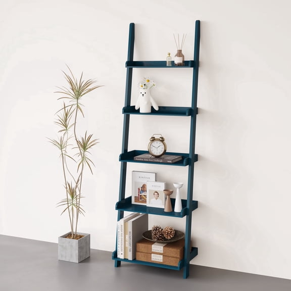 eHemco 5 Tier Ladder Leaning Wall Bookcase, Storage Bookshelf, 70 Inches, Blue