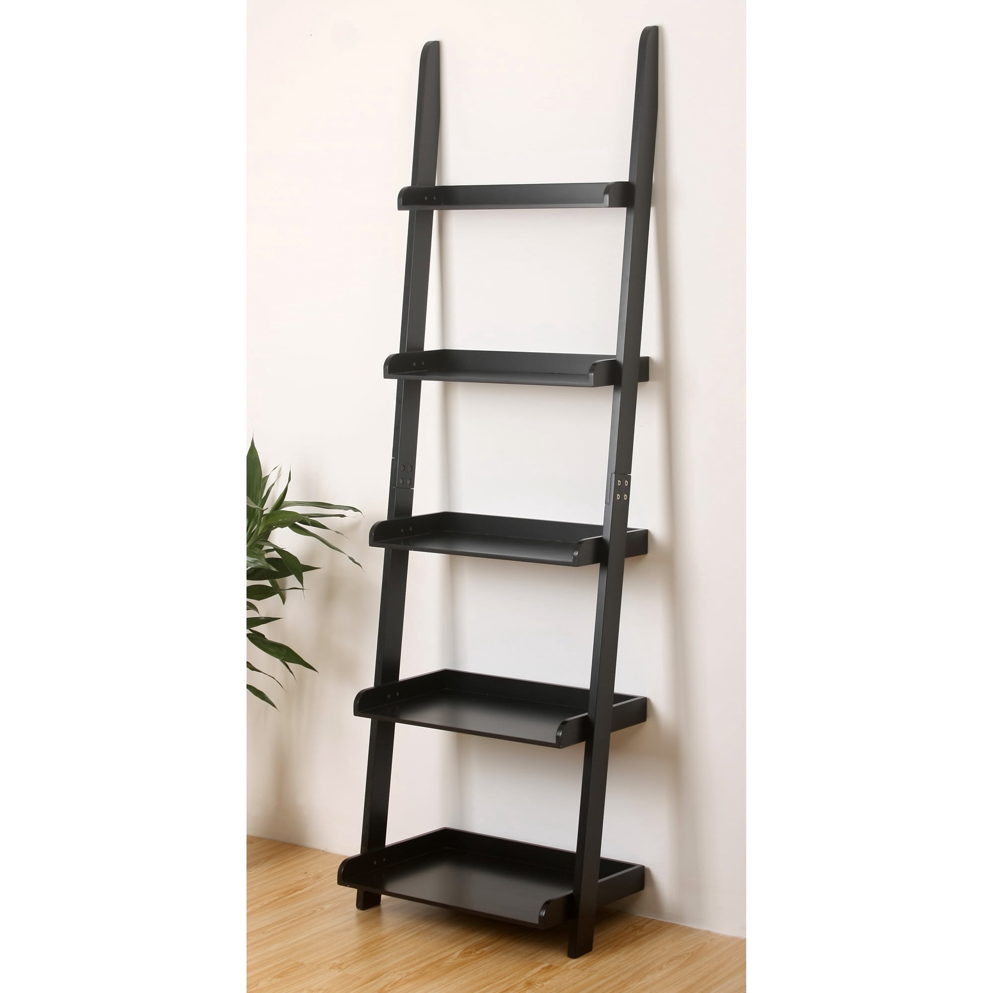 eHemco 5 Tier Ladder Leaning Wall Bookcase, Storage Bookshelf, 70 Inches, Black