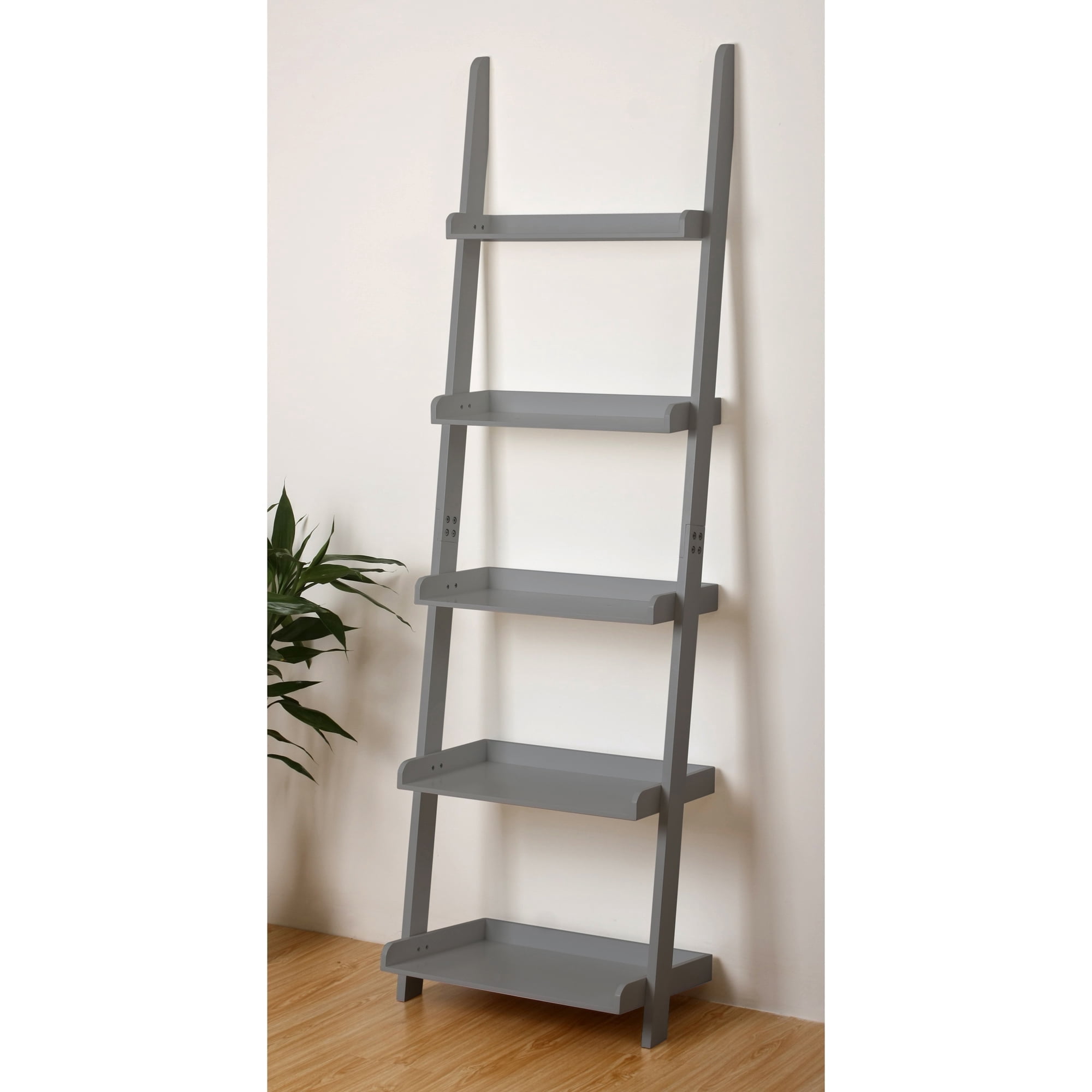 eHemco 5 Tier Ladder Leaning Wall Bookcase, Storage Bookshelf, 70 Inches, Gray