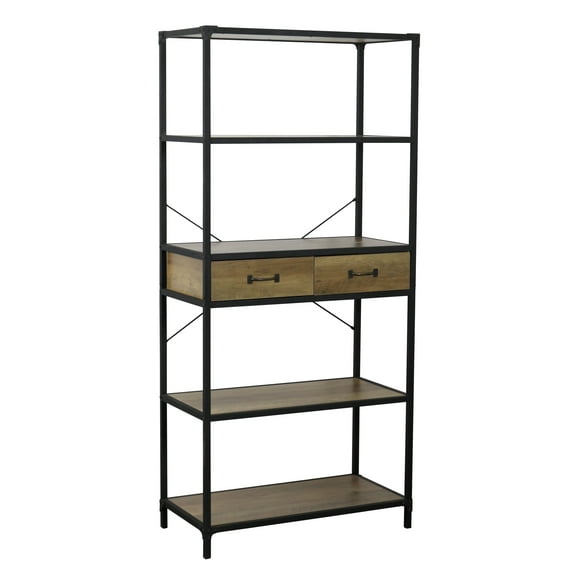 eHemco 5 Tier Rustic Design Bookcase with 2 Drawers, 68.5 Inches, Black Base