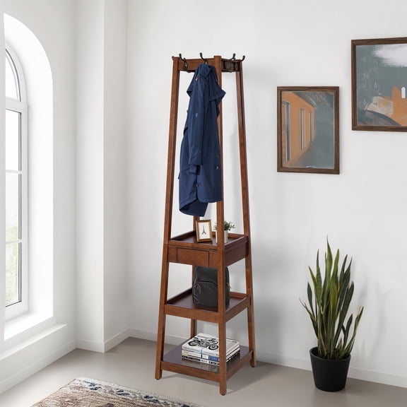 eHemco 8-Hook 70.2" H Wooden Coat Rack Stand, 3 Storage Shelves and Drawer, Heavy Duty Hall Tree, Coffee