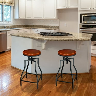 eHemco Industrial Adjustable Swivel Metal Kitchen Counter stool with Wood Veneer Seat, Rustic Brown and Black, Set of 2