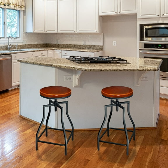 eHemco Industrial Adjustable Swivel Metal Kitchen Counter stool with Wood Veneer Seat, Rustic Brown and Black, Set of 2