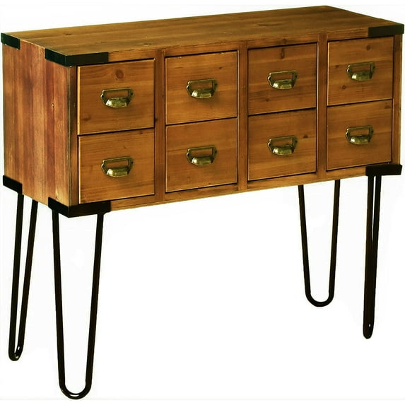 eHemco Antique Metal Legs Storage Console Table with 8 Drawers, Antique Walnut