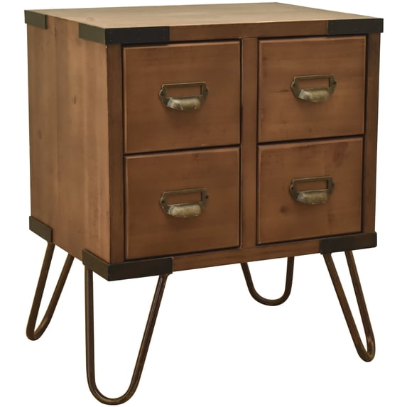 eHemco Antique Style 4-Drawer Storage End Table Side Table with Metal Hairpin Legs, Antique Walnut