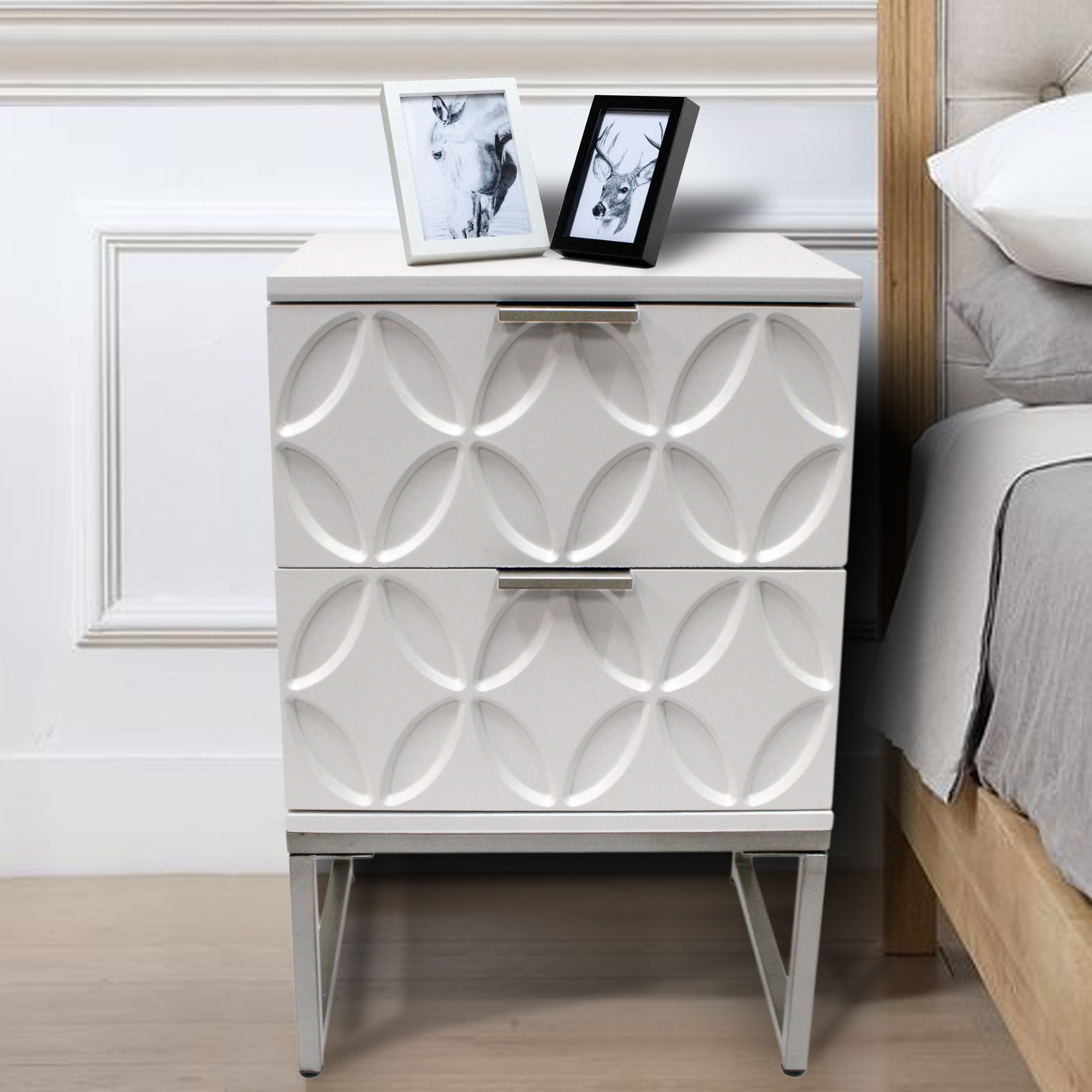 White Engineered Wood End Table with Metal Sled Legs and Storage