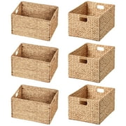 eHemco Extra Large Rectangular Water Hyacinth Wicker Storage Baskets with Iron Wire Frame, 16.1"x12.6"x9.5", Natural, Set of 6