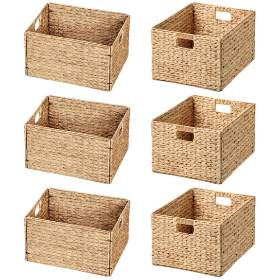 eHemco Extra Large Rectangular Water Hyacinth Wicker Storage Baskets with Iron Wire Frame, 16.1"x12.6"x9.5", Natural, Set of 6