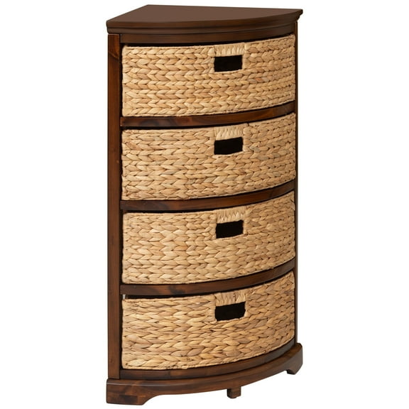 eHemco Hampton Meadows 4 Tier X-Side Corner Storage Cabinet with 4 Wicker Baskets, Walnut