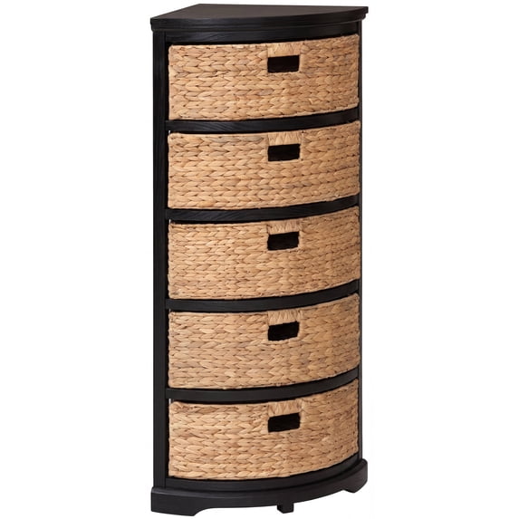eHemco Hampton Meadows 5 Tier X-Side Corner Storage Cabinet with 5 Wicker Baskets, Black