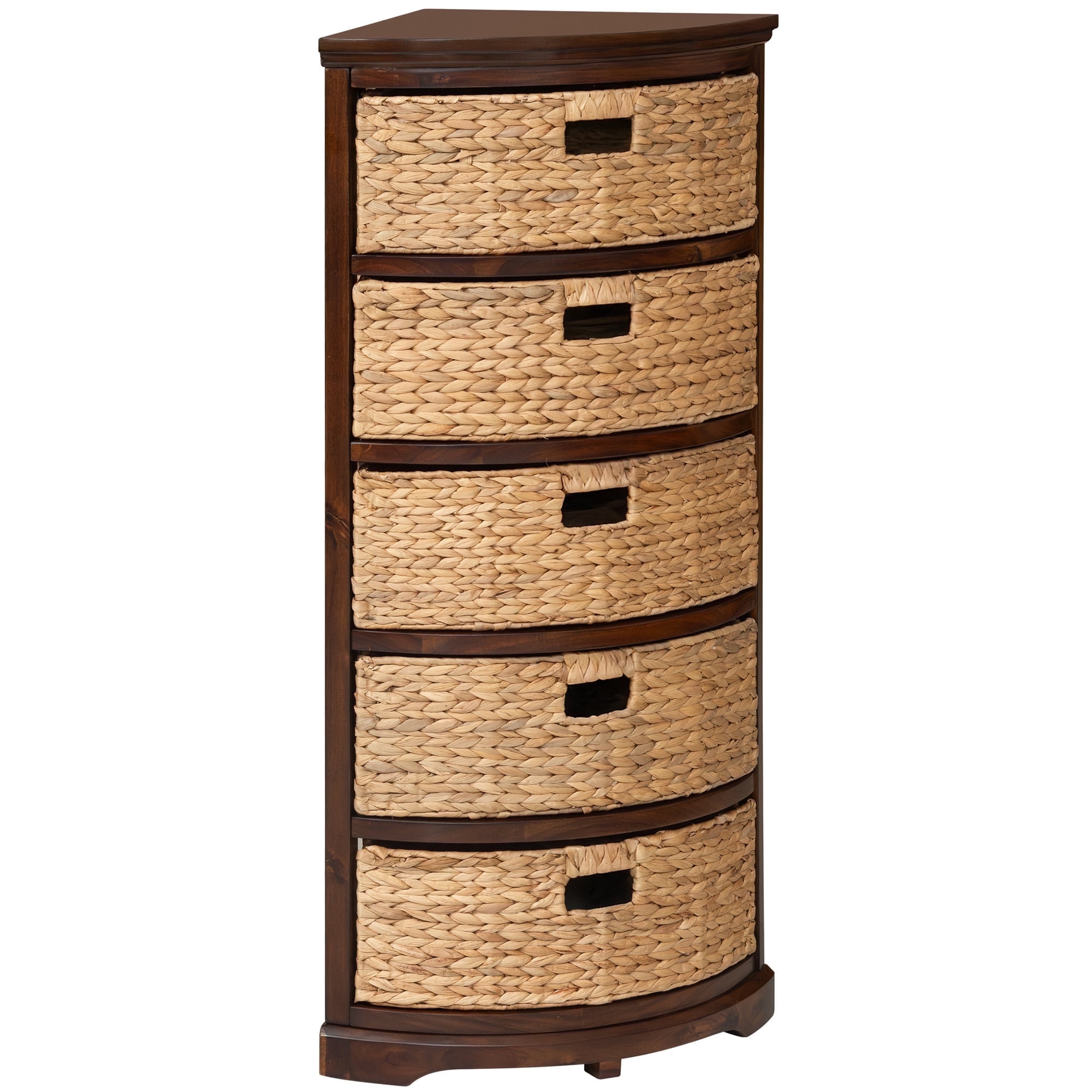 eHemco Hampton Meadows 5 Tier X-Side Corner Storage Cabinet with 5 Wicker Baskets, Walnut