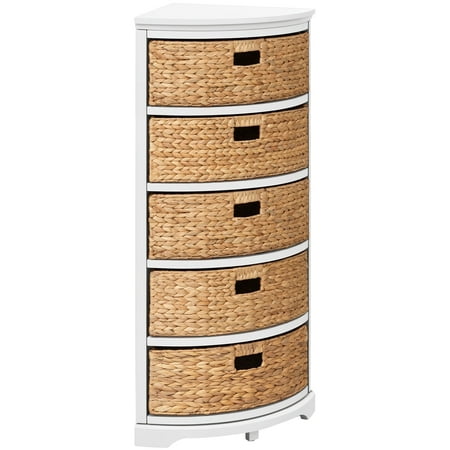 eHemco Hampton Meadows 5 Tier X-Side Corner Storage Cabinet with 5 Wicker Baskets, White