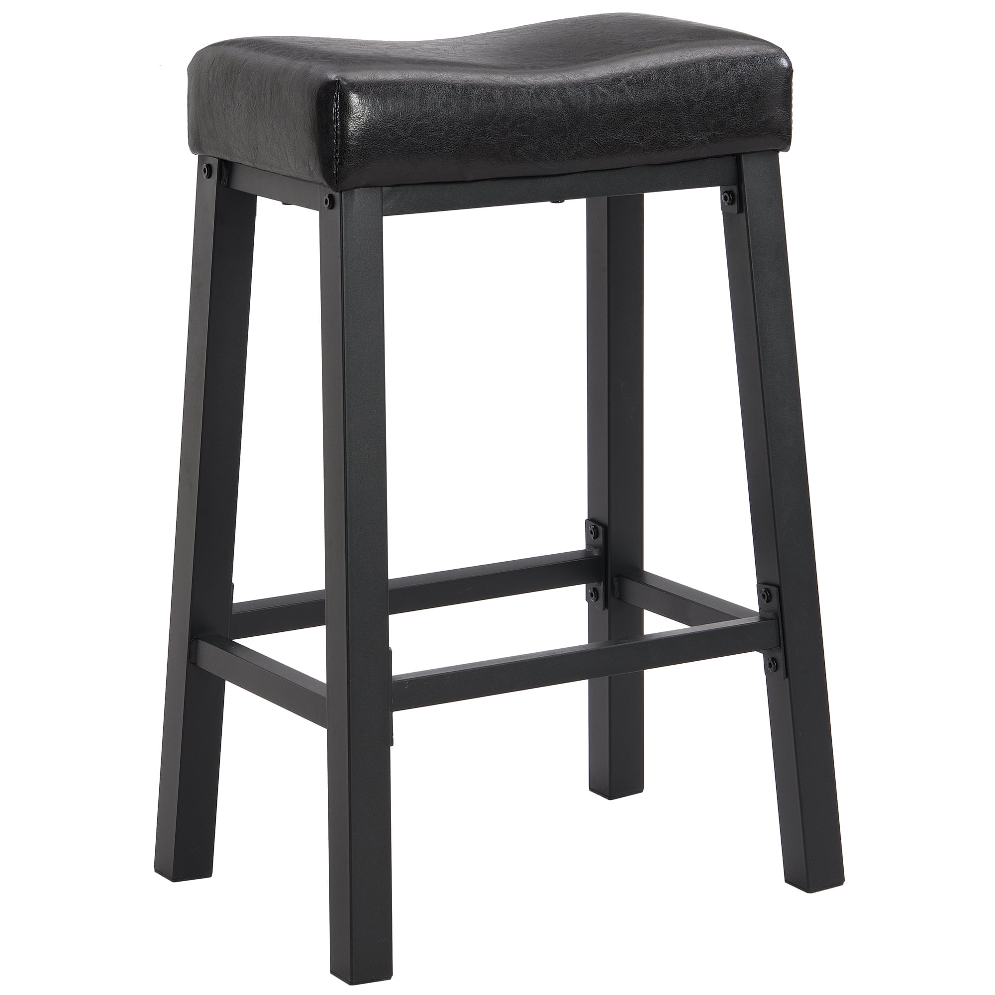 Heavy-Duty Black Faux Leather Saddle Seat Metal Bar Stool, 29 Inches