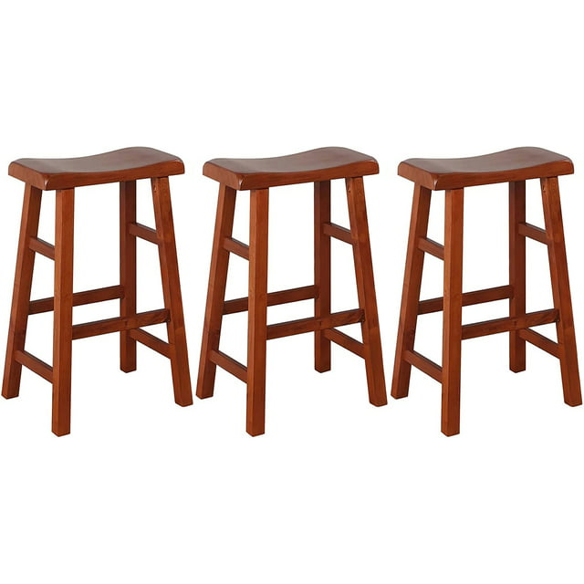 eHemco Heavy-Duty Solid Wood Saddle Seat Kitchen Counter Barstools, 29 Inches, Dark Oak, Set of 3