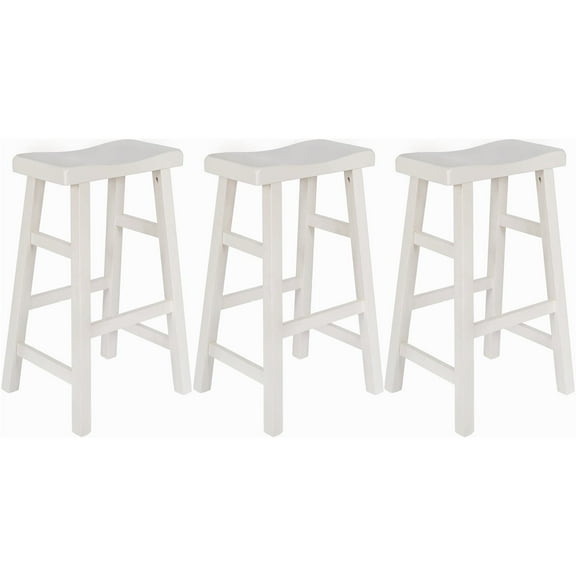 eHemco Heavy-Duty Solid Wood Saddle Seat Kitchen Counter Barstools, 29 Inches, White, Set of 3