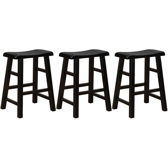 eHemco Heavy-Duty Solid Wood Saddle Seat Kitchen Counter Height Barstools, 24 Inches, Black, Set of 3