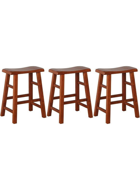 eHemco Heavy-Duty Solid Wood Saddle Seat Kitchen Counter Height Barstools, 24 Inches, Dark Oak, Set of 3